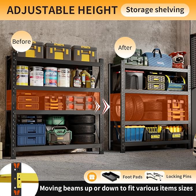 63" H Storage Garage Shelving Unit, 2500LBS Heavy Duty Metal Shelves - Image 4