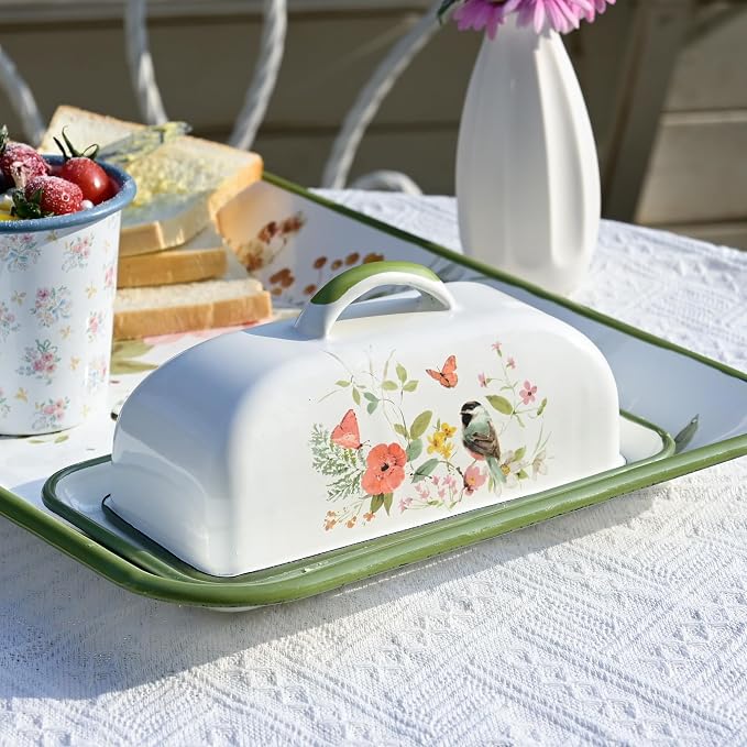 Enamel Butter Dish with Lid Vintage Enamelware Butter Keeper with Flower and - Image 6