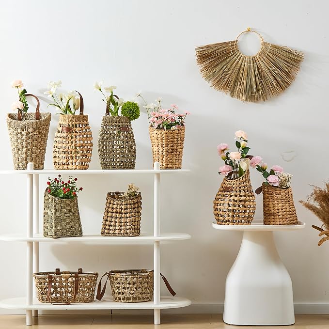 Woven Front Door Basket Water Hyacinth Wall Hanging Basket Decorative Boho - Image 8
