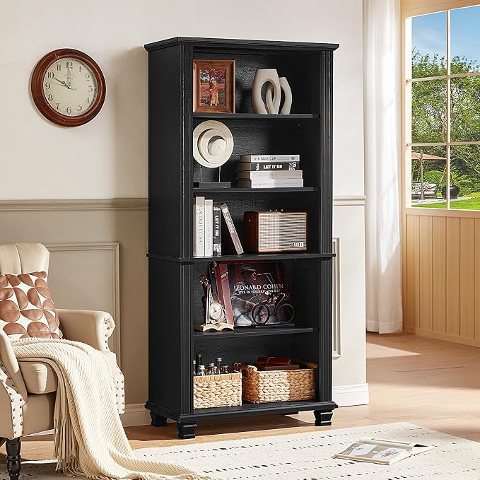 70" Tall Black Bookshelf, 5 Tier Wooden Book Shelf - Image 2