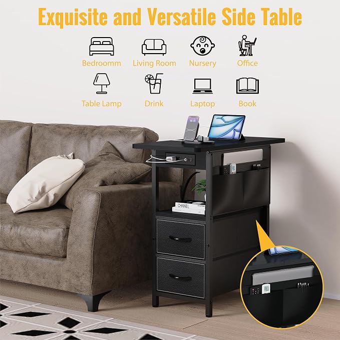 Small Side Table with Charging Station, Narrow Nightstand Bedside Tables with - Image 5