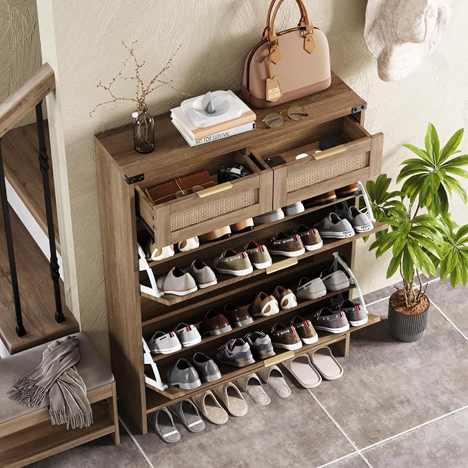 Shoe Cabinet with 2 Flip Drawers & 2 Drawers, Farmhouse Shoe Storage Cabinet - Image 4