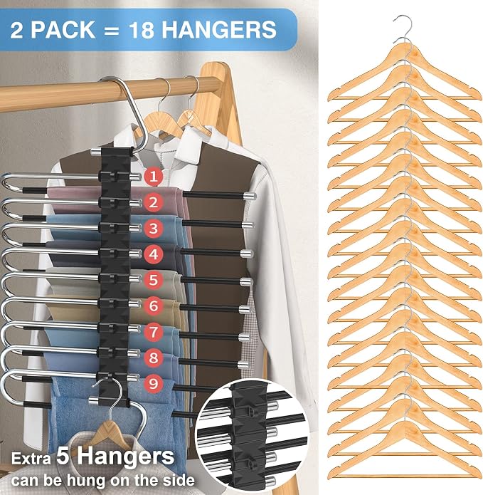 Upgrade 9 Layers Pants Hangers Space Saving, 2 Pack Non Slip Stainless Steel - Image 2