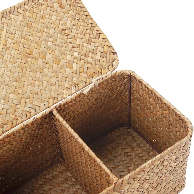 Seagrass Storage Basket with Lid Rectangular Small Woven Shelf Baskets with - Image 4