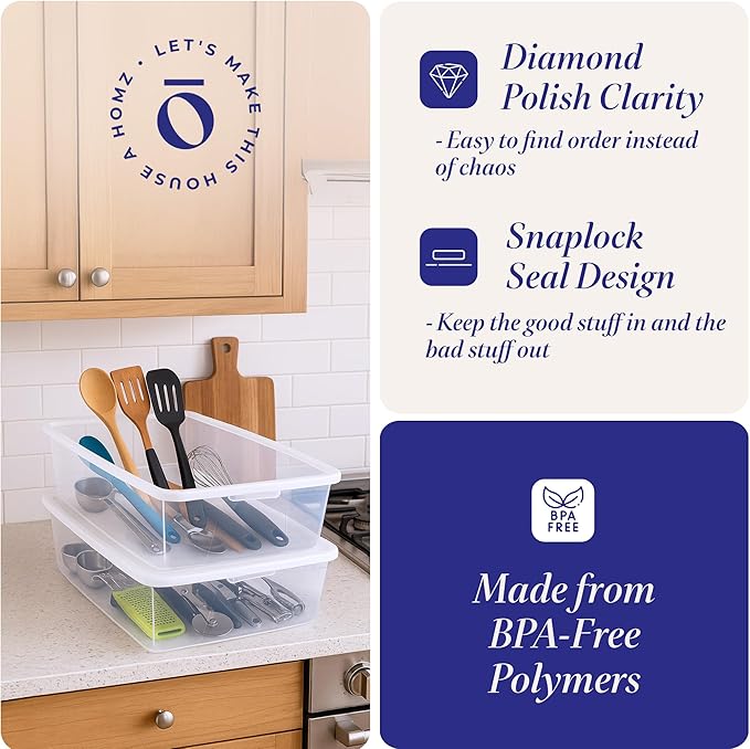 HOMZ 2-Pack Snaplock, Large Clear Plastic Storage Organizer Bins w/Lids - Image 3