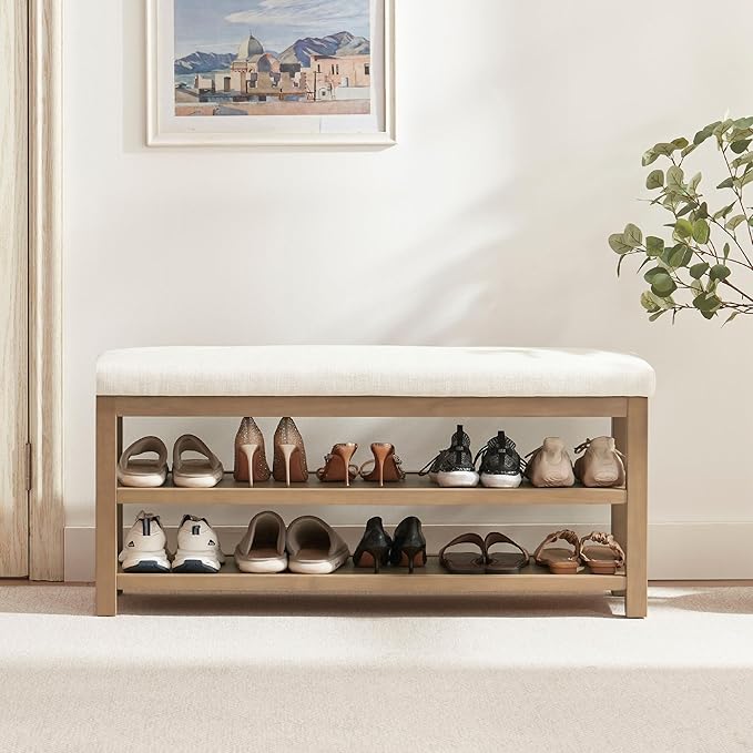 2 Tier Shoe Rack Bench with Cushion, Solid Wood Shoe Benches, Mid-Century by Zihanhome