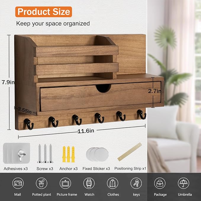 Key and Mail Holder for Wall, Mail Organizer Wall Mount - Image 6