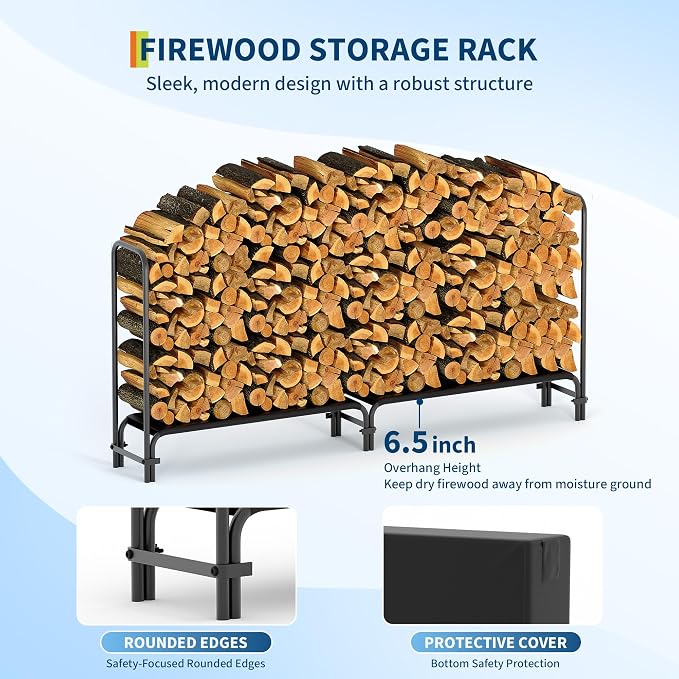 8FT Firewood Rack with Cover, Holders Firewood Outdoor Log Rack with Zipper - Image 4