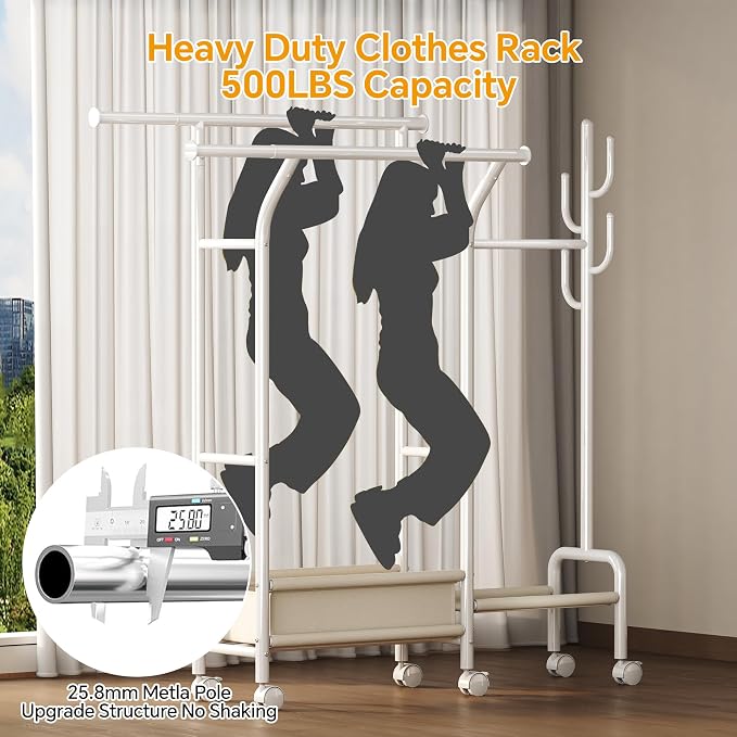 Homeiju Heavy Duty Clothes Rack Load 500LBS, Three Rods Clothing Racks - Image 6