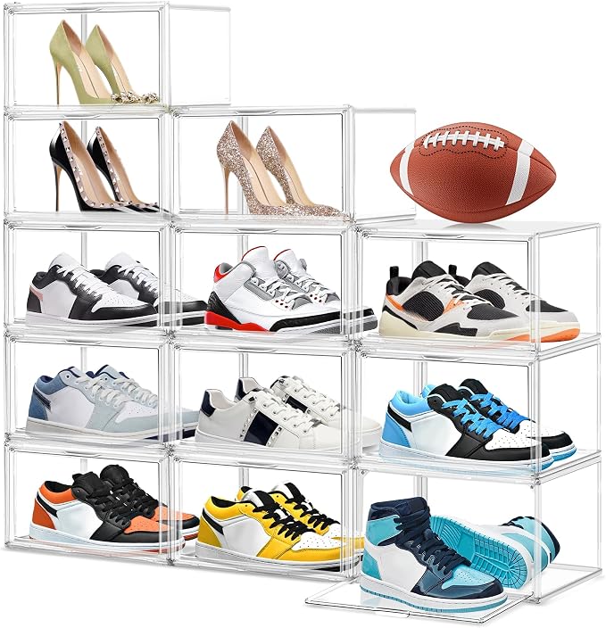 12 Pack Acrylic Shoe Boxes, Size 12 Clear Plastic Stackable Shoe Storage Boxes by EDSFAM