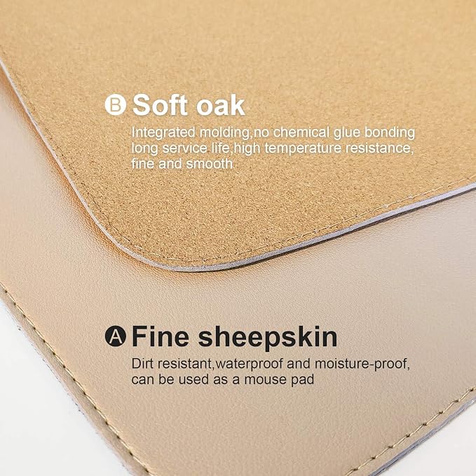 DAWNTREES Dual Sided Desk Mat, Khaki Leather Desk Pad, 47.2''x23.6'', Cork Desk - Image 4