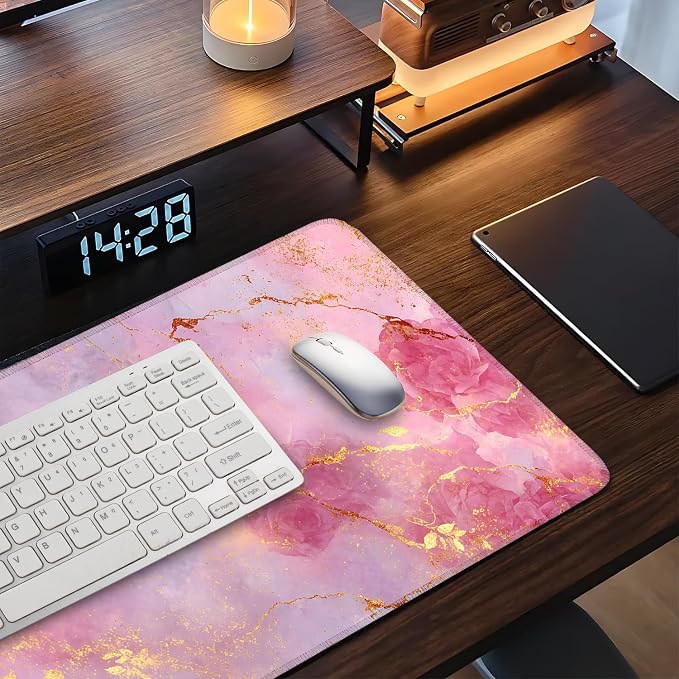 Elegant Pink Rose and Gold Marble Mouse Pad –35.43" x 15.75" Extended Desk Mat - Image 7