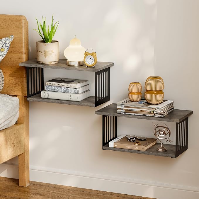 Floating Nightstand Set of 2, 2-Tier Floating Shelves Wall Mounted, Floating by Unknown