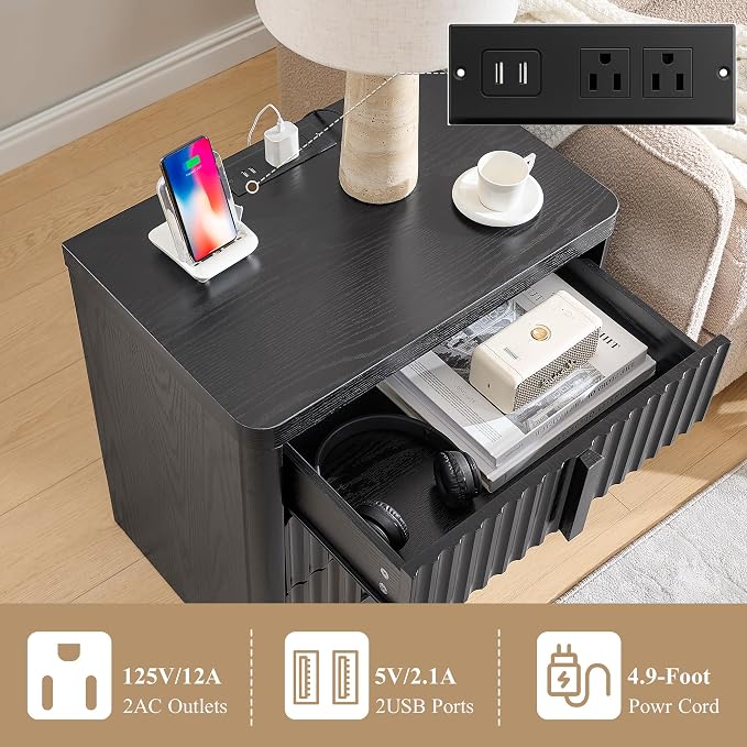 Black 23.6" Nightstand with Charging Station, Side Table with 3 Storage Drawers - Image 4