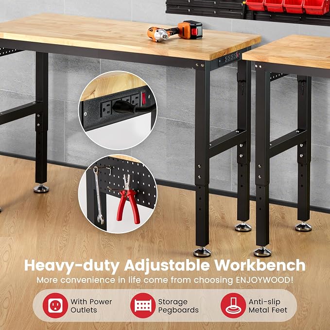 Work Bench for Garage 48 x 20 Inch Adjustable Height Rubberwood Tabletop Work - Image 4