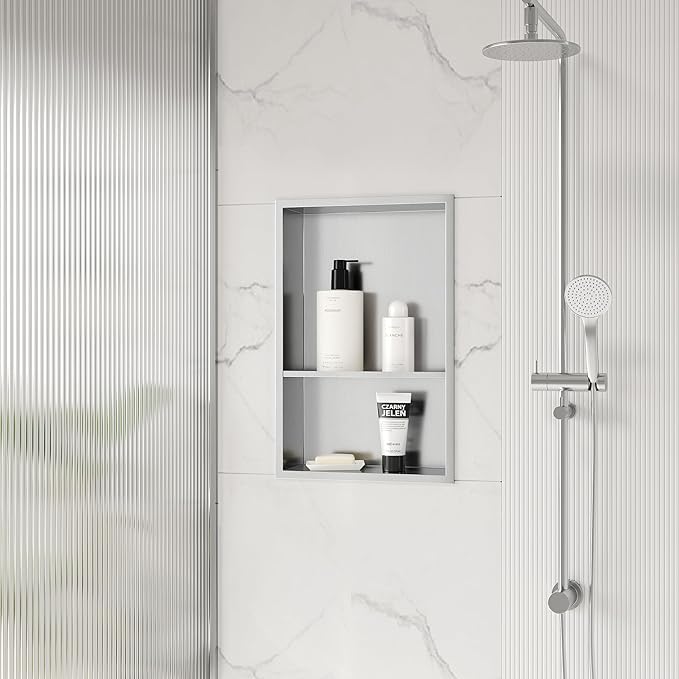Stainless Steel Shower Niche 18" X 12", No Tile Needed Wall Niche Double Shelves - Image 2