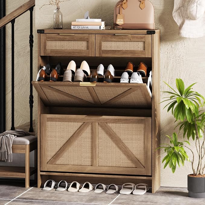 Shoe Cabinet with 2 Flip Drawers & 2 Drawers, Farmhouse Shoe Storage Cabinet by Halitaa