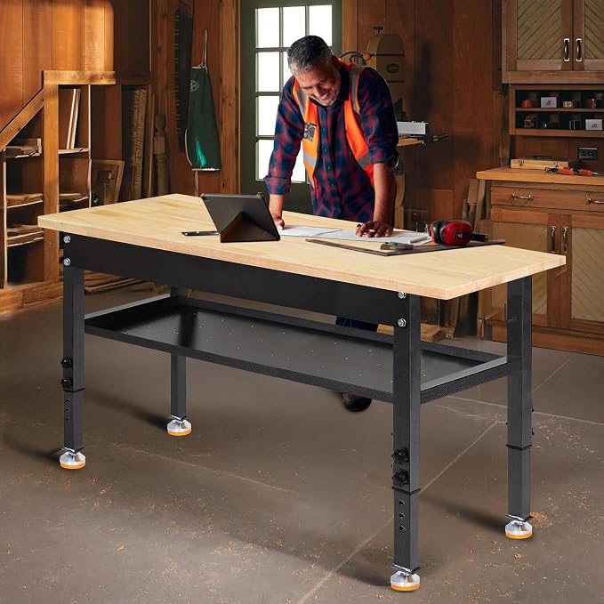 48"/60'' Adjustable Workbench, Rubber Wood Work Bench Heavy-Duty - Image 8
