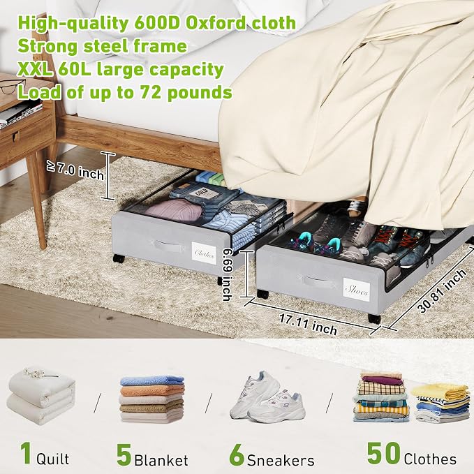 Under Bed Storage with Wheels, XXL 60L Under the Bed Storage Bins, Underbed - Image 2