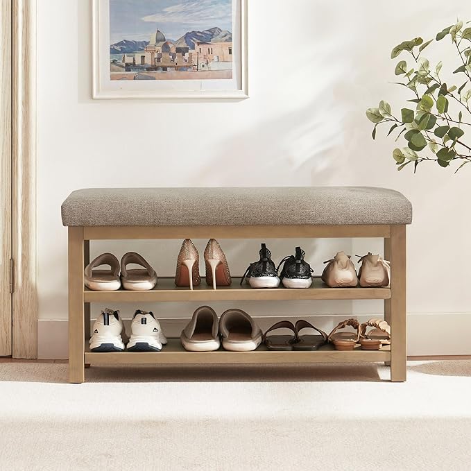 2 Tier Shoe Rack Bench with Cushion, Solid Wood Shoe Benches, Mid-Century by Zihanhome