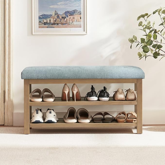Shoe Rack Bench with Cushion, 2 Tier Solid Wood Storage Bench, Mid-Century by Zihanhome
