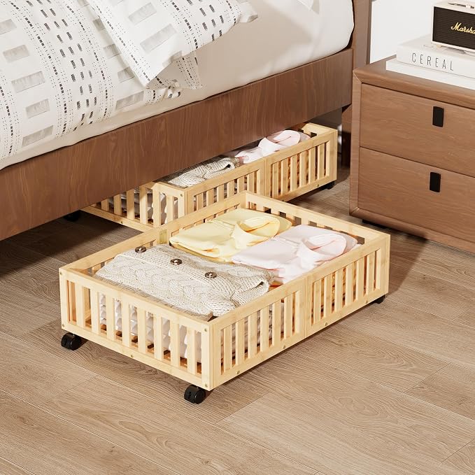 Bamboo Under Bed Storage with Wheels, Rolling Underbed Shoe Organizer Box by Bambooflow