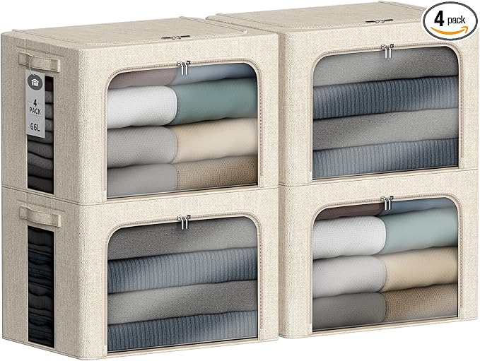4 Pack Clothes Storage Bins - 66L Stackable Storage Box with Lid，Foldable by Chizjox