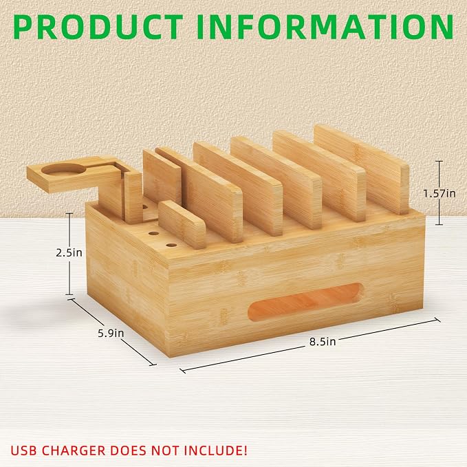 Bamboo Charging Station for Mutil Devices, Desktop Charging Station Organizer - Image 6