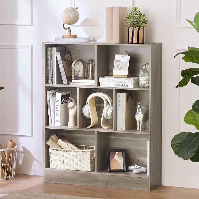 LEYAOYAO 7 Cube Bookshelf with Base, 3 Tier Mid-Century Modern Grey Bookcase by LEYAOYAO-Findtheshiningpointofyourideallife%EF%BC%81