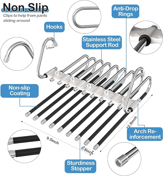 9 Layers Pants Hangers Space Saving, 2 Pack Multifunctional Pant Rack Stainless - Image 4