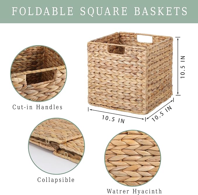 10.5x10.5 Water Hyacinth Storage Baskets, Collapsible Square Wicker Baskets - Image 4