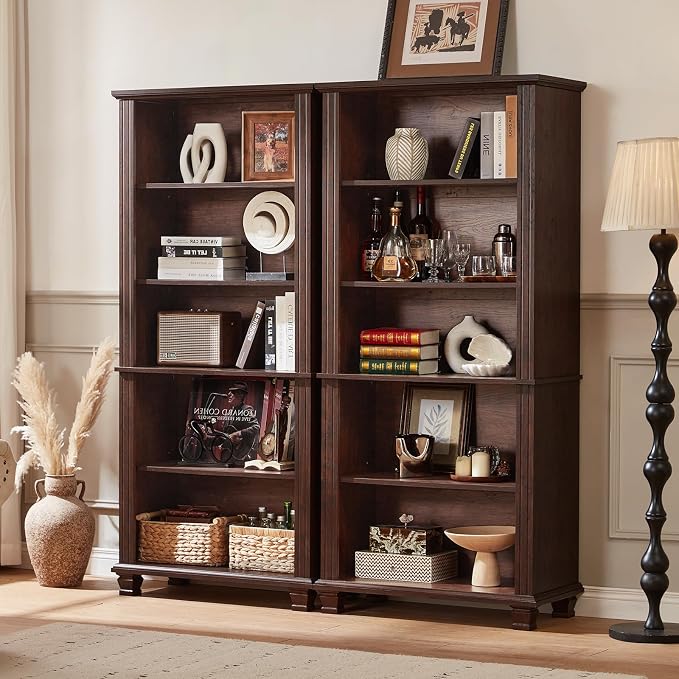 70" Tall Walnut Bookshelf, 5 Tier Wooden Book Shelf - Image 5