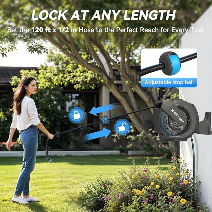 Retractable Garden Hose Reel 120 ft x 1/2 in, Heavy Duty Hose Reel Wall Mount - Image 2