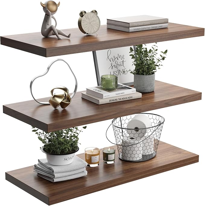 Wall Shelf Set of 3, Walnut Floating Shelves 36 in W x 10 in D x 1 in H by Home