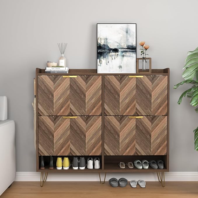 Vibe & Dine 4 Flip Drawer Shoe Cabinet, Mid Century Modern Shoe Organizer - Image 3