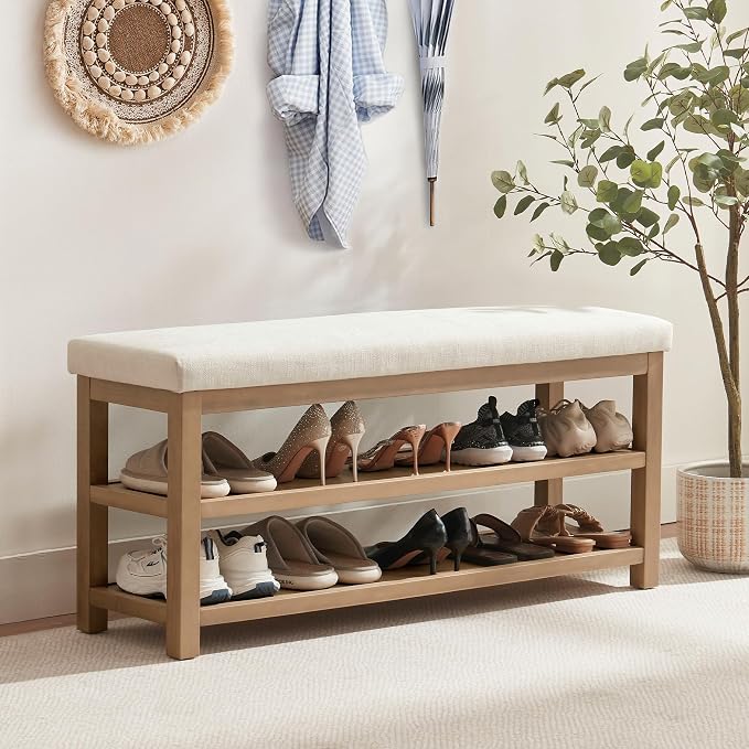 2 Tier Shoe Rack Bench with Cushion, Solid Wood Shoe Benches, Mid-Century - Image 3