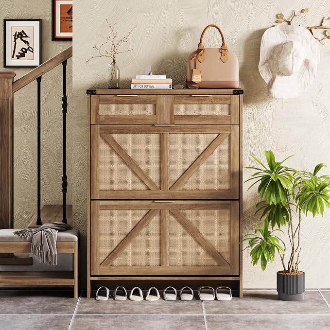 Shoe Cabinet with 2 Flip Drawers & 2 Drawers, Farmhouse Shoe Storage Cabinet - Image 7