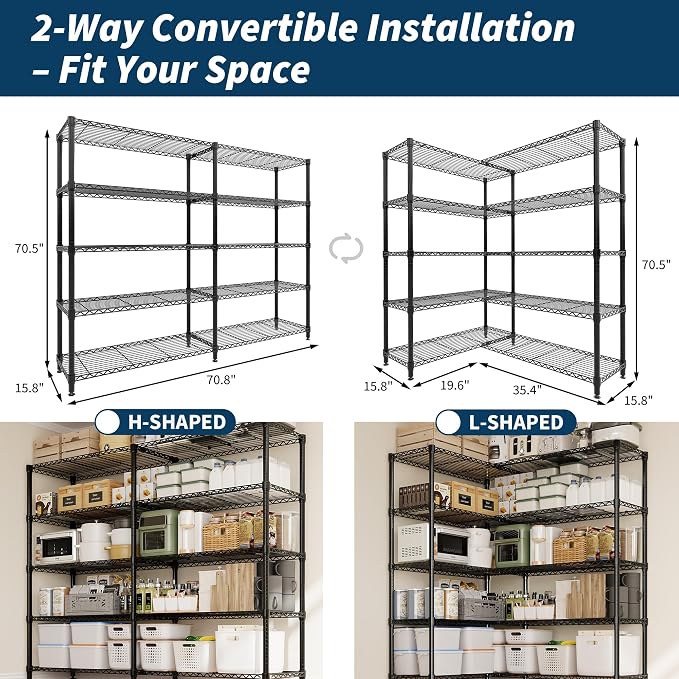 5 Tier Storage Shelving Unit Metal Shelves 70" W Wire Shelving, 70.8" H x 70.4" - Image 3