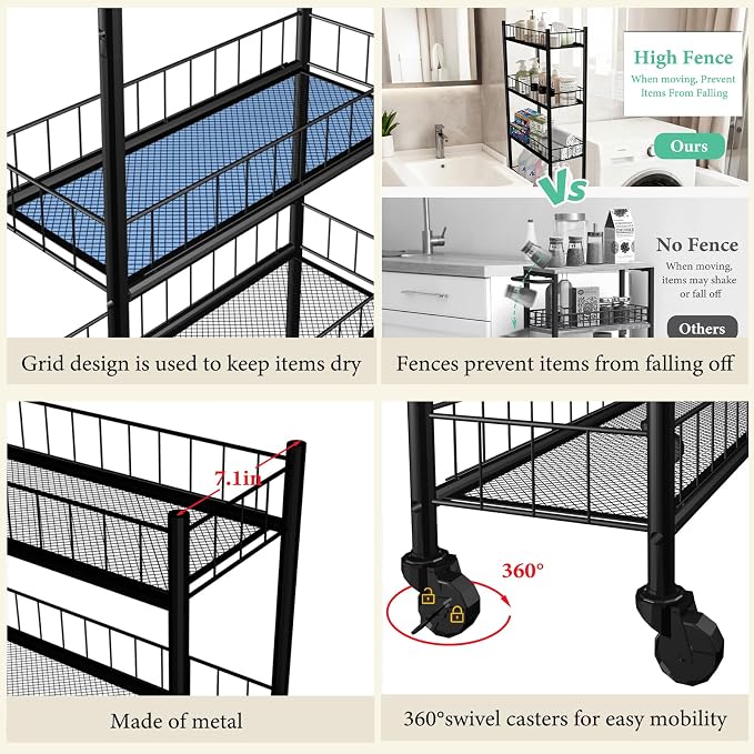 Utility Slim Storage Cart, 6 Tier Narrow Kitchen Storage Cart, Laundry Room - Image 5