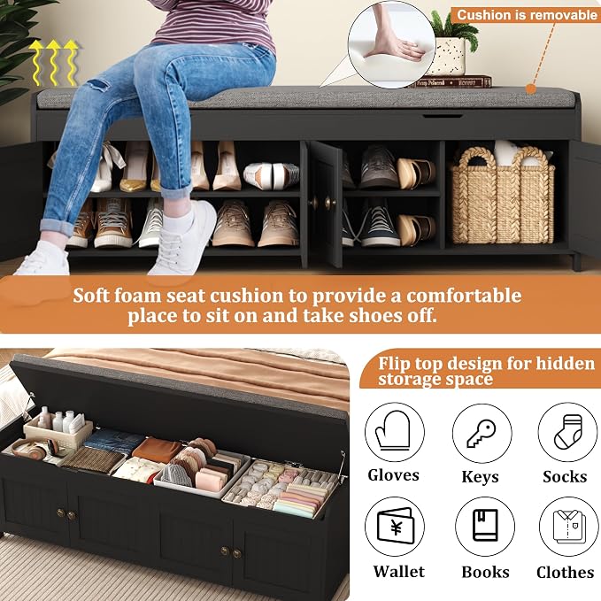 HOMEFORT 54.4" Shoe Bench with Lift Top Storage, Entryway Bench with Cushioned - Image 5