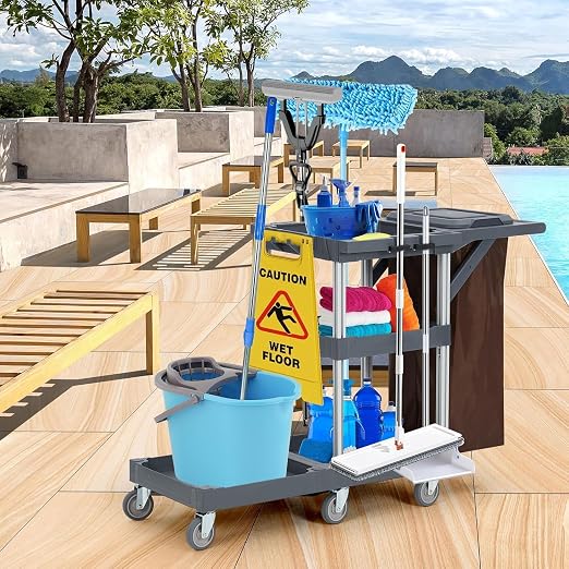 Commercial Traditional Janitorial 3-Shelf Cleaning Cart on Wheels - Image 4