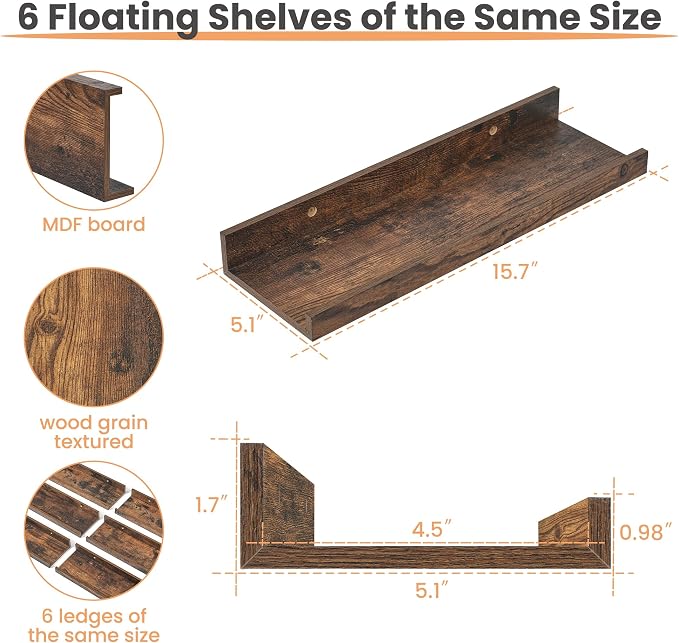 upsimples Floating Shelves for Wall, Wall Shelves for Decor Storage Set of 6 - Image 3