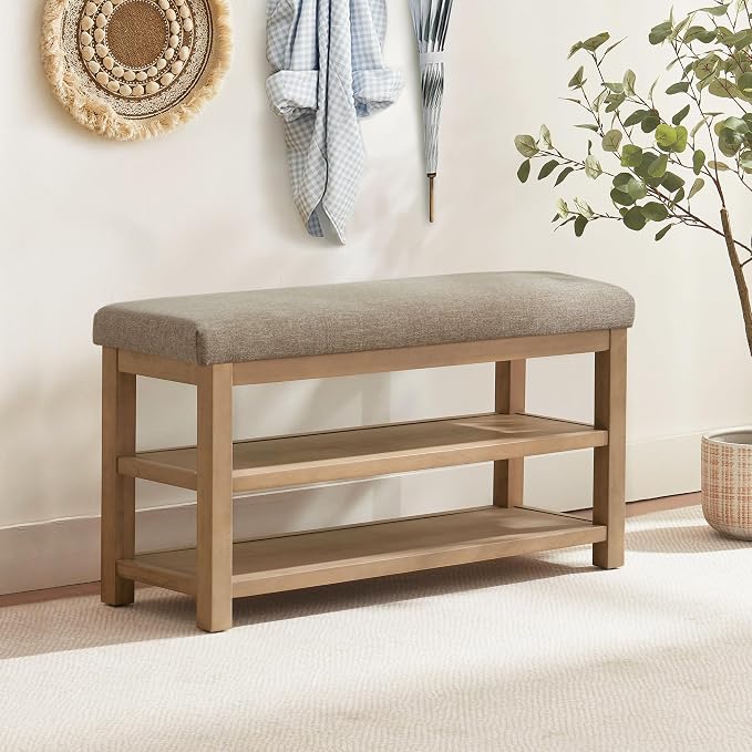 2 Tier Shoe Rack Bench with Cushion, Solid Wood Shoe Benches, Mid-Century - Image 3