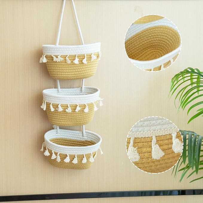 JJSQYLAN Over the Door Hanging Basket 3 Tier Small Woven Cotton Wall Hanging - Image 6