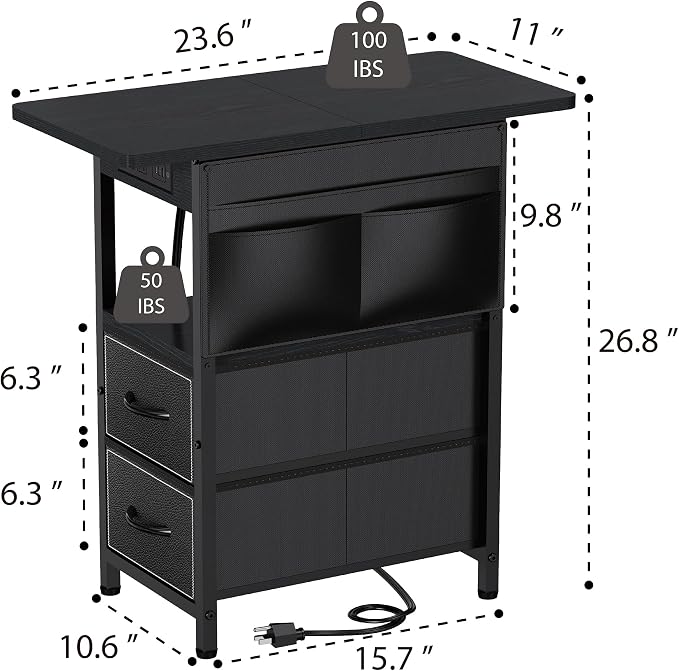 Small Side Table with Charging Station, Narrow Nightstand Bedside Tables with - Image 3