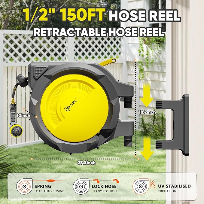 SILVEL Retractable Garden Hose Reel – 1/2 in x 150FT Heavy Duty Automatic Hose - Image 5