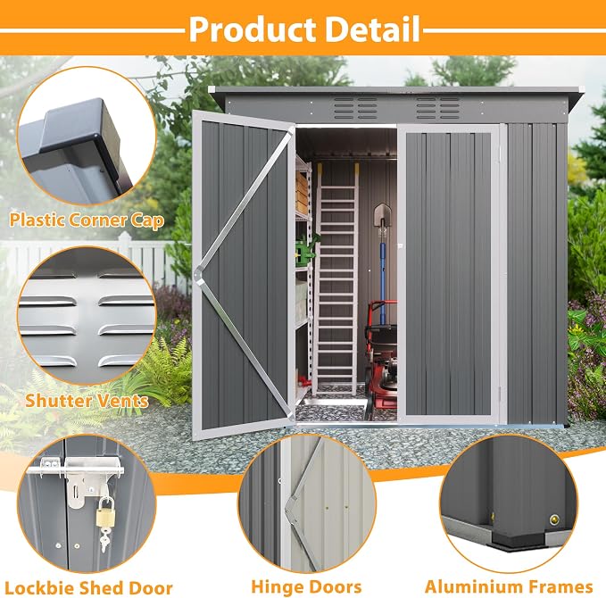 4x6ft Metal Shed Outdoor Storage Shed, Metal Steel Utility Tool Shed Storage - Image 5