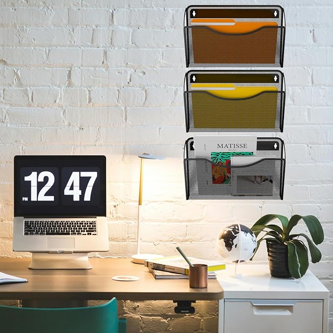 3 Pack Wall File Organizer, Mesh Hanging Metal Vertical Wall Mounted File Holder - Image 6