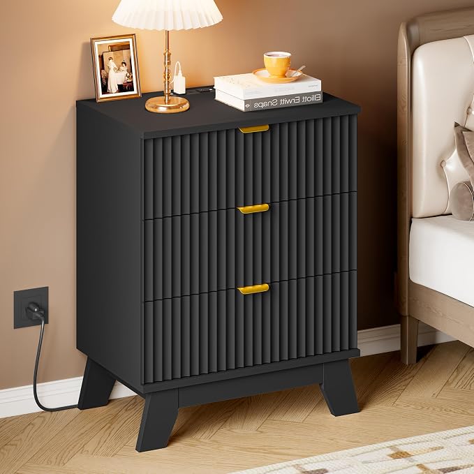 30.5" Nightstand with Charging Station, 3-Drawer Fluted Bedroom Chest, Wood - Image 6