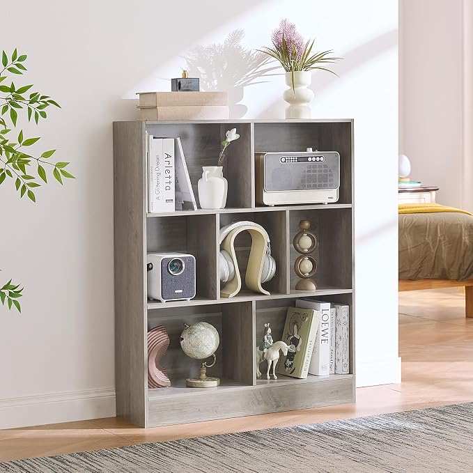 LEYAOYAO 7 Cube Bookshelf with Base, 3 Tier Mid-Century Modern Grey Bookcase - Image 6